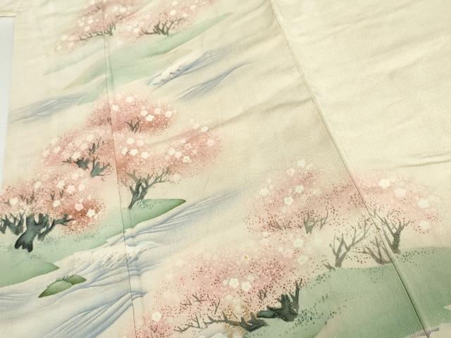 平和屋着物●アンティーク　大正ロマン　色留袖　手描き　桜　鬼しぼ縮緬　正絹　逸品　AABI6106cs