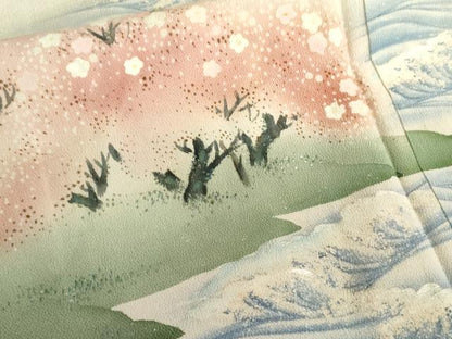 平和屋着物●アンティーク　大正ロマン　色留袖　手描き　桜　鬼しぼ縮緬　正絹　逸品　AABI6106cs