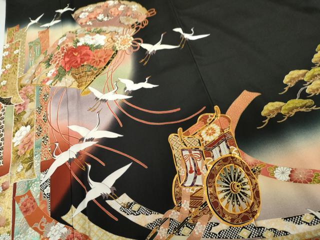 平和屋着物●世界的ファッションデザイナー 山本寛斎 kansaiブランド 黒留袖 束ね熨斗御所車飛鶴文 暈し染め 金彩 正絹 逸品 AABI6107cs
