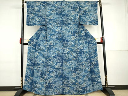平和屋着物●上質な小紋　本藍　松竹梅風景文　暈し染め　正絹　逸品　AABI6111cs