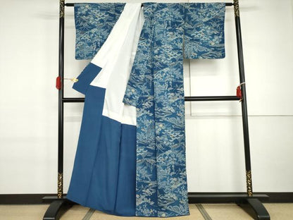 平和屋着物●上質な小紋　本藍　松竹梅風景文　暈し染め　正絹　逸品　AABI6111cs