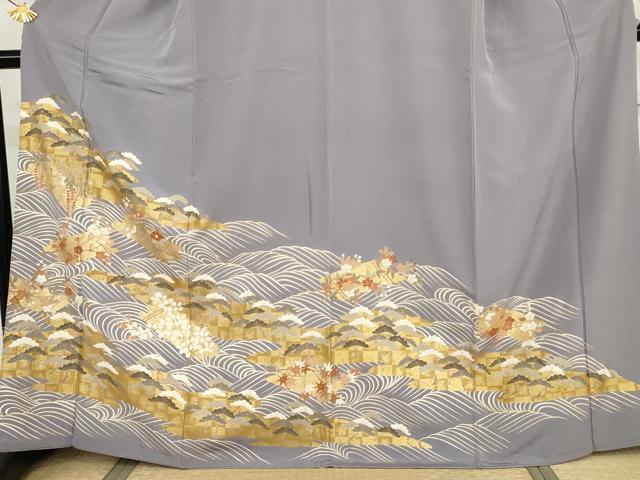 平和屋着物●豪華色留袖　駒刺繍　立波梅松文　金彩　正絹　逸品　AABI6112cs