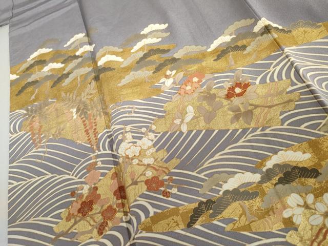 平和屋着物●豪華色留袖　駒刺繍　立波梅松文　金彩　正絹　逸品　AABI6112cs