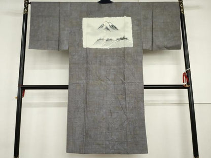 平和屋着物●男性　長襦袢　袷　紬地　手描き　富士山　正絹　逸品　AABI6113cs