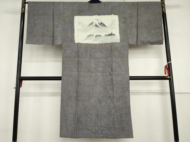 平和屋着物●男性　長襦袢　袷　紬地　手描き　富士山　正絹　逸品　AABI6113cs