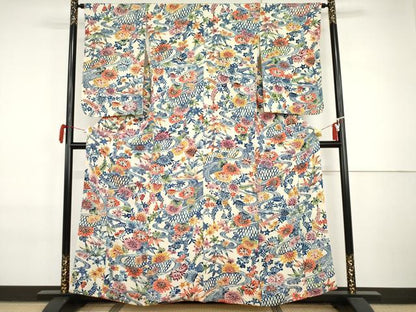 平和屋着物●紅型　小紋　流水草花文　鬼しぼ縮緬　正絹　逸品　AABI6116cs