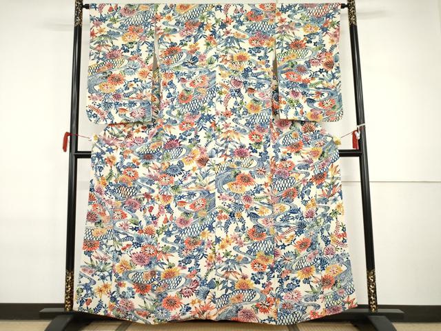 平和屋着物●紅型　小紋　流水草花文　鬼しぼ縮緬　正絹　逸品　AABI6116cs