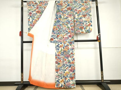 平和屋着物●紅型　小紋　流水草花文　鬼しぼ縮緬　正絹　逸品　AABI6116cs