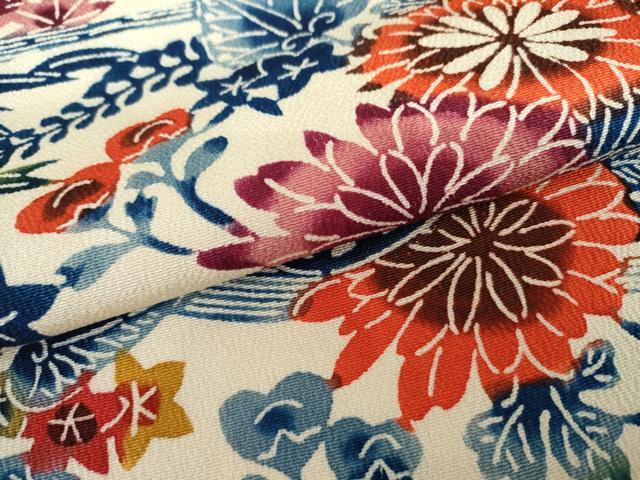 平和屋着物●紅型　小紋　流水草花文　鬼しぼ縮緬　正絹　逸品　AABI6116cs