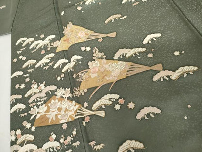 平和屋着物●訪問着　友禅　刺繍　扇面松竹梅文　金糸　金彩　正絹　逸品　AABI6130cs