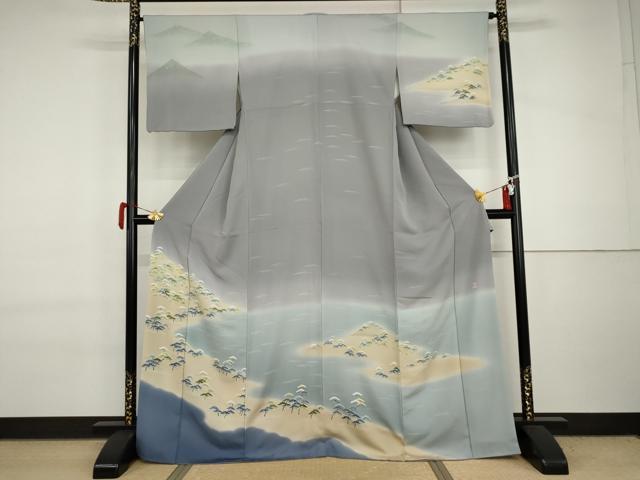 平和屋着物●名門・上野家　四代目 上野真(二代目 上野為二)　訪問着　友禅　浜松風景文　暈し染め　正絹　逸品　AABI6131cs