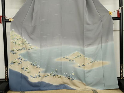 平和屋着物●名門・上野家　四代目 上野真(二代目 上野為二)　訪問着　友禅　浜松風景文　暈し染め　正絹　逸品　AABI6131cs