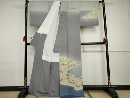 平和屋着物●名門・上野家　四代目 上野真(二代目 上野為二)　訪問着　友禅　浜松風景文　暈し染め　正絹　逸品　AABI6131cs