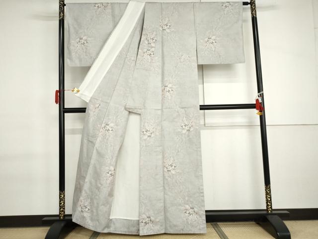 平和屋着物▽本場大島紬　単衣　白大島　9マルキ　草花文　正絹　逸品　AABI6135cs