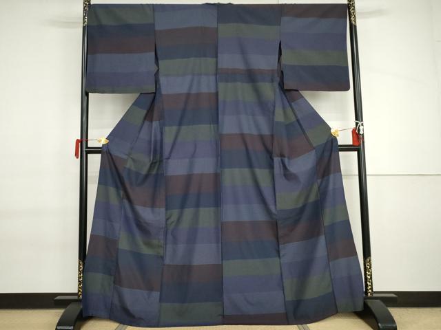 平和屋着物▽上質な小紋　単衣　横段文　正絹　逸品　AABI6142cs