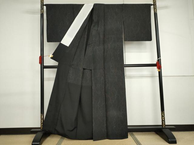 平和屋着物●結城紬　雪輪重ね文　黒地　胴抜き仕立て　証紙付き　正絹　逸品　AABI6144cs