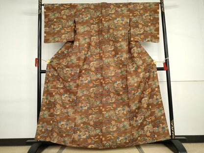 平和屋着物▽上質な紬　単衣　型染め　飛鶴草花文　正絹　逸品　AABI6149cs