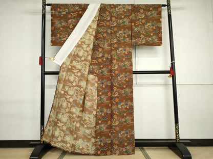 平和屋着物▽上質な紬　単衣　型染め　飛鶴草花文　正絹　逸品　AABI6149cs