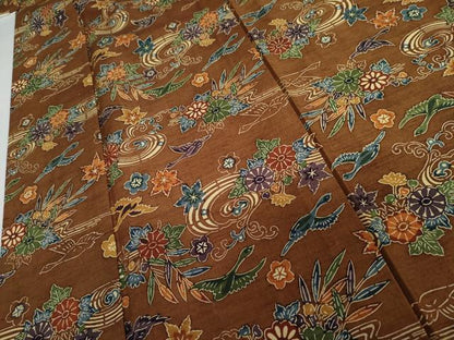 平和屋着物▽上質な紬　単衣　型染め　飛鶴草花文　正絹　逸品　AABI6149cs