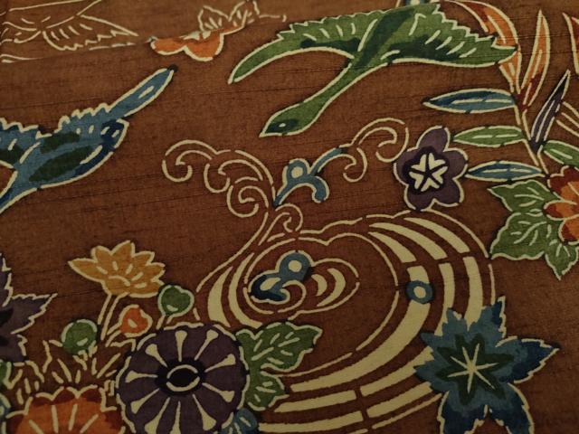 平和屋着物▽上質な紬　単衣　型染め　飛鶴草花文　正絹　逸品　AABI6149cs