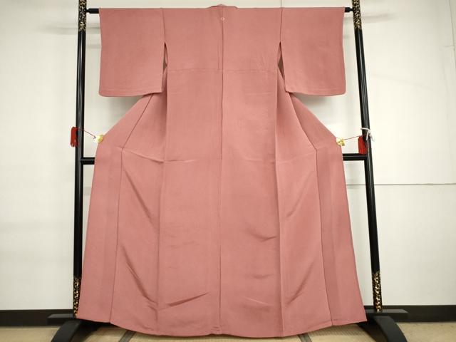 平和屋着物▽上質な色無地　単衣　紅梅色　鬼しぼ縮緬　正絹　逸品　AABI6153cs