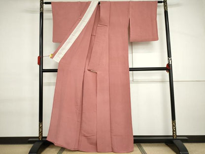 平和屋着物▽上質な色無地　単衣　紅梅色　鬼しぼ縮緬　正絹　逸品　AABI6153cs