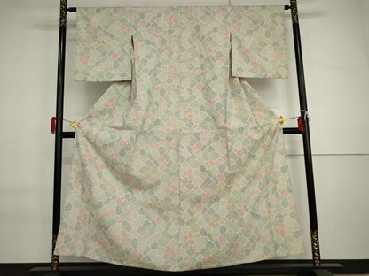 平和屋着物▽本塩沢　単衣　石畳文　正絹　逸品　AABI6155cs