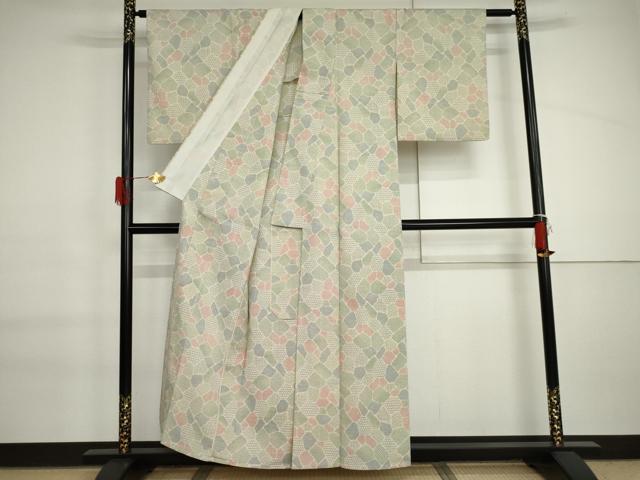平和屋着物▽本塩沢　単衣　石畳文　正絹　逸品　AABI6155cs