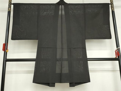 平和屋着物▽男性　長羽織　スリーシーズン　春夏秋　塵除け　黒地　正絹　逸品　AABI6159cs