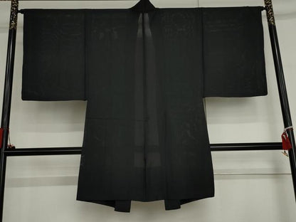 平和屋着物▽男性　長羽織　スリーシーズン　春夏秋　塵除け　黒地　正絹　逸品　AABI6162cs