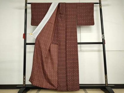 平和屋着物▽小紋　単衣　矢羽根間道　洗える着物　AABI6163cs
