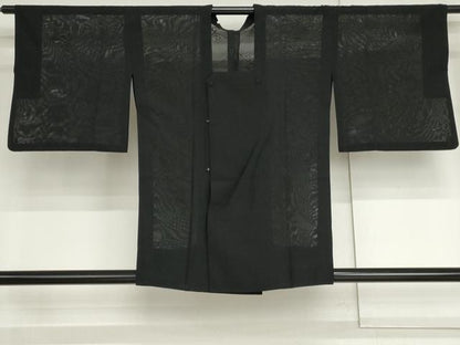 平和屋着物▽道行コート　スリーシーズン　春夏秋　塵除け　幾何学紋紗　黒地　正絹　逸品　AABI6166cs