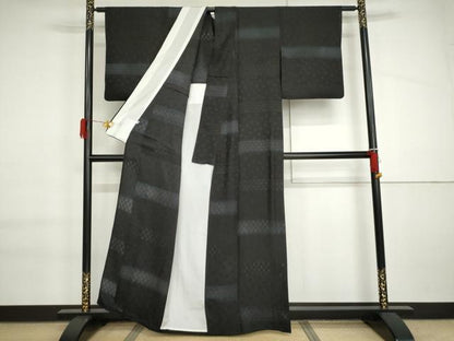 平和屋着物▽訪問着　単衣　粋人舎　源氏香横段文　暈し染め　黒地　反端付き　正絹　逸品　AABI6172cs