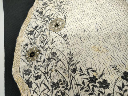 平和屋着物▽訪問着　単衣　刺繍　杢目絞り　草花文　金銀糸　正絹　逸品　AABI6173cs