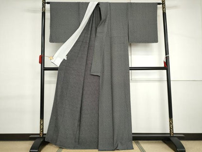 平和屋着物▽江戸小紋　単衣　花菱文　黒地　まるやま扱い　正絹　逸品　AABI6184cs