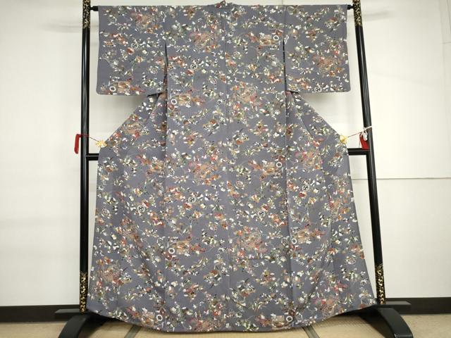 平和屋着物▽上質な小紋　単衣　草花文　鬼しぼ縮緬　正絹　逸品　AABI6185cs