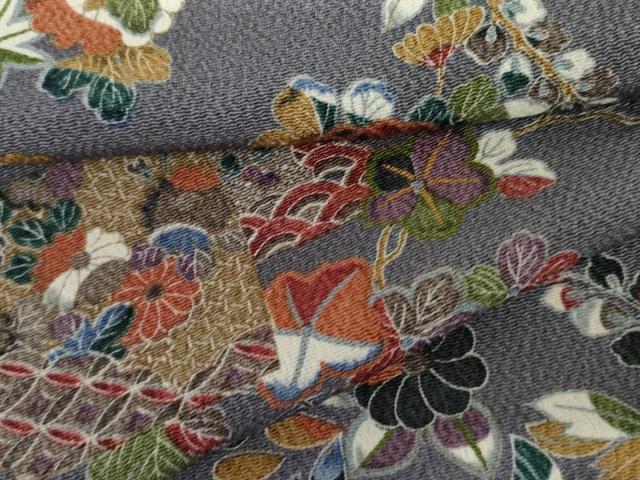 平和屋着物▽上質な小紋　単衣　草花文　鬼しぼ縮緬　正絹　逸品　AABI6185cs