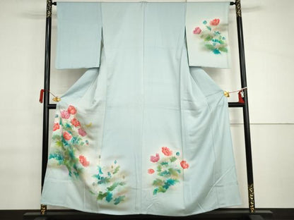 平和屋着物▽訪問着　単衣　手描き　花蝶文　暈し染め　金彩　正絹　逸品　未使用　AABI6186cs
