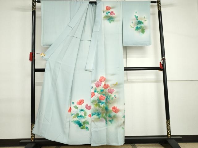 平和屋着物▽訪問着　単衣　手描き　花蝶文　暈し染め　金彩　正絹　逸品　未使用　AABI6186cs