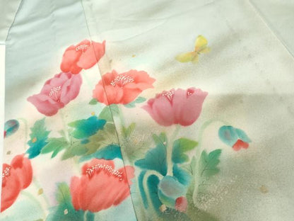 平和屋着物▽訪問着　単衣　手描き　花蝶文　暈し染め　金彩　正絹　逸品　未使用　AABI6186cs