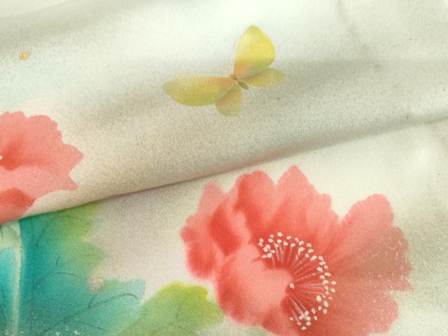 平和屋着物▽訪問着　単衣　手描き　花蝶文　暈し染め　金彩　正絹　逸品　未使用　AABI6186cs