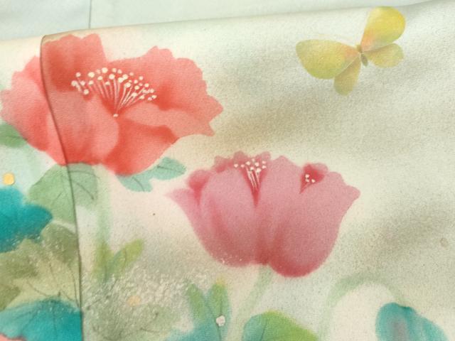 平和屋着物▽訪問着　単衣　手描き　花蝶文　暈し染め　金彩　正絹　逸品　未使用　AABI6186cs