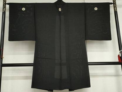 平和屋着物▽男性　黒紋付　長羽織　スリーシーズン　春夏秋　塵除け　正絹　逸品　AABI6189cs