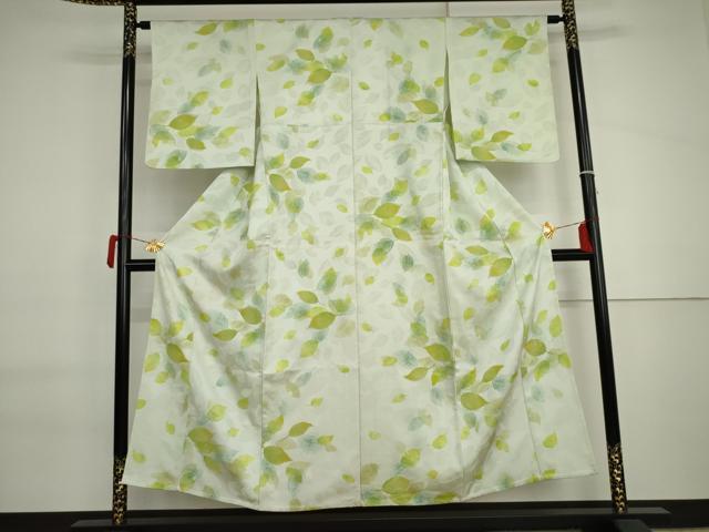平和屋着物▽上質な小紋　単衣　寿光織　舞葉文　地紋起こし　金糸　正絹　逸品　AABI6196cs