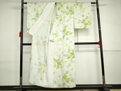 平和屋着物▽上質な小紋　単衣　寿光織　舞葉文　地紋起こし　金糸　正絹　逸品　AABI6196cs