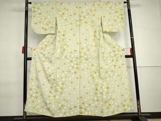 平和屋着物▽上質な小紋　単衣　草花文　椿　暈し染め　正絹　逸品　AABI6198cs