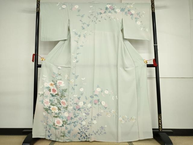 平和屋着物▽訪問着　単衣　友禅　作家物　枝花文　暈し染め　正絹　逸品　AABI6199cs