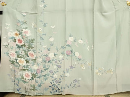 平和屋着物▽訪問着　単衣　友禅　作家物　枝花文　暈し染め　正絹　逸品　AABI6199cs
