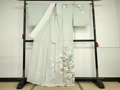 平和屋着物▽訪問着　単衣　友禅　作家物　枝花文　暈し染め　正絹　逸品　AABI6199cs