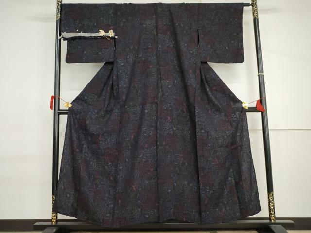 平和屋着物▽本場結城紬　重要無形文化財　単衣　ちぢみ織　草花文　反端・割印付き　正絹　逸品　AABI6200cs